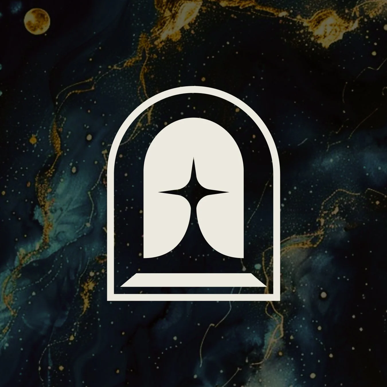 A white outline of a modern, minimalist house with a star-shaped window and a curved door, set against a dark, abstract background with gold and blue accents.