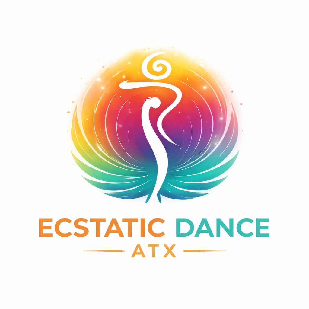 Colorful logo for Ecstatic Dance ATX with a stylized, white, abstract figure dancing in front of a vibrant, rainbow-colored circular background with swirling lines and sparkles.