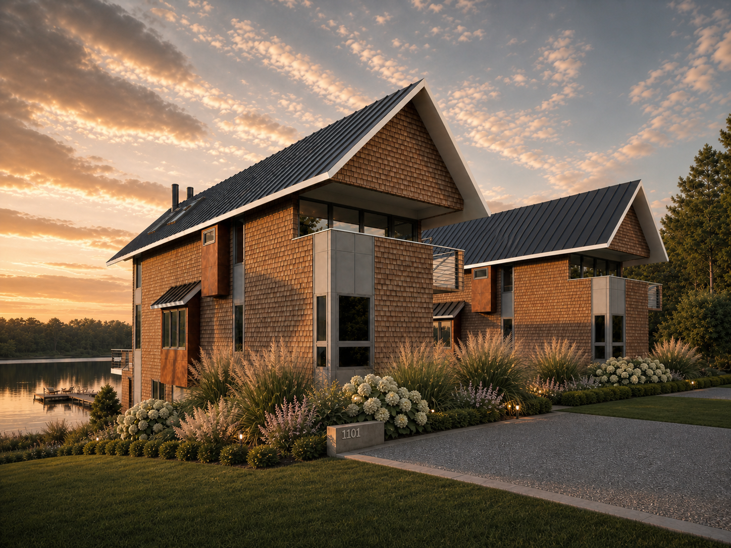 LAT 34 Architecture Wilmington, NC waterfront home rendering with luxury coastal landscaping and modern cedar shingle exterior.
