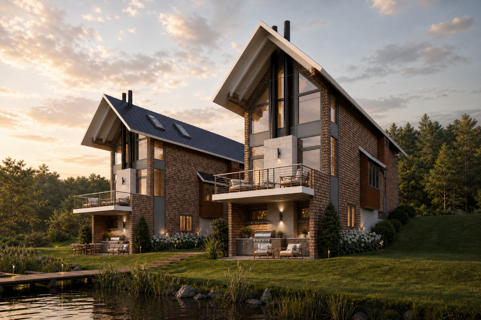 Creekfront home rendering by LAT 34 Architecture in Wilmington, NC featuring outdoor kitchens, patios, and waterfront living.