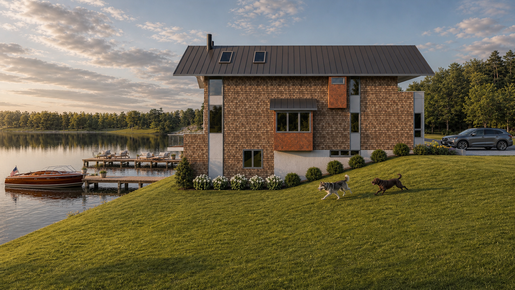 Side view rendering of a LAT 34 Architecture waterfront home in Wilmington, NC with creekfront dock, boat, and landscaped lawn.