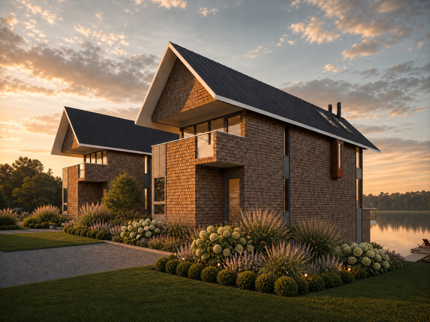 Modern waterfront home rendering in Wilmington, NC by LAT 34 Architecture with golden hour lighting and coastal landscaping.