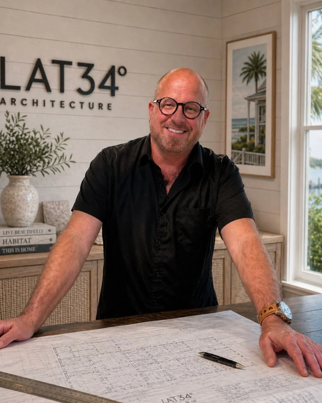 Aaron Trudo, architect and founder of LAT34° Architecture, standing with residential architectural plans in his Wilmington, NC office.