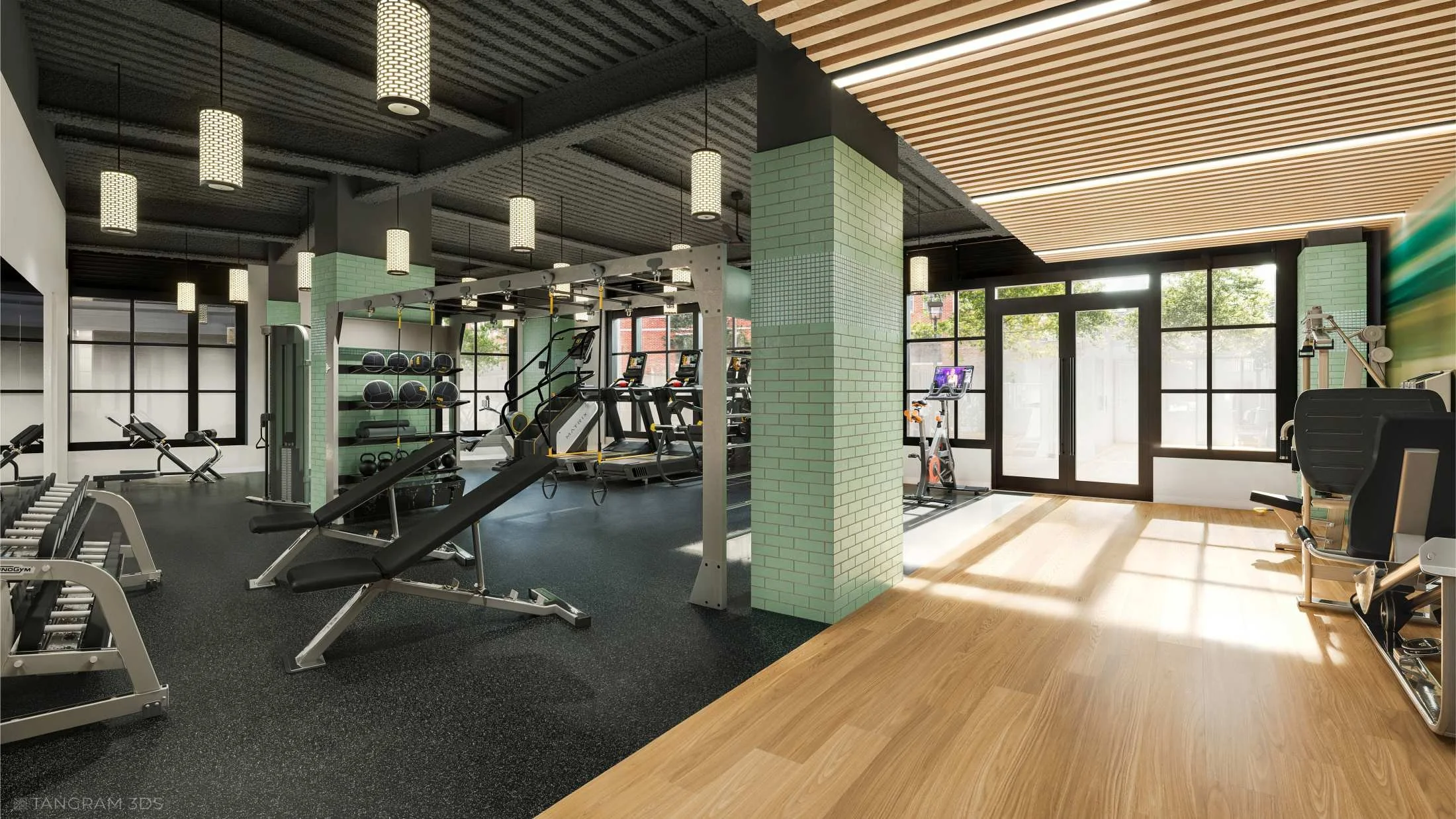 Side view of a modern gym with workout equipment, including treadmills, exercise bikes, and weights, separated by a green tiled pillar, with large windows allowing natural light.