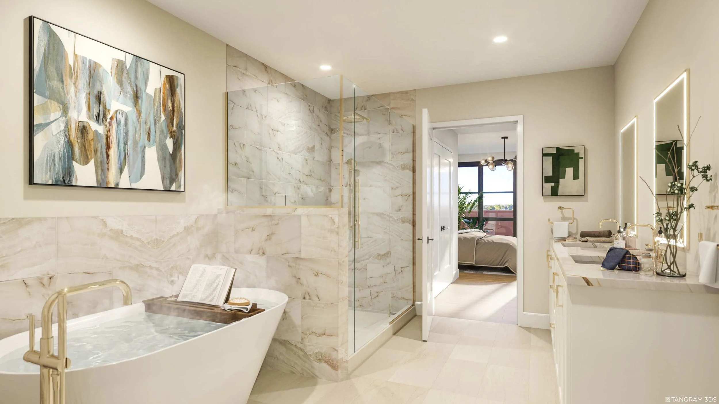 Modern bathroom with marble walls and a bathtub, artwork, and a view of a bedroom through an open door.