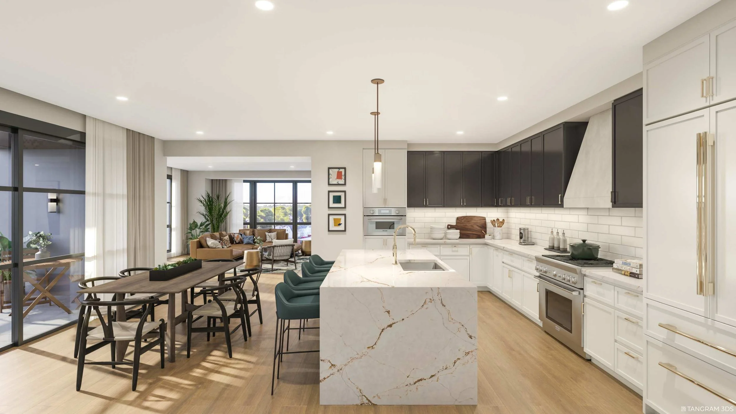 Open-concept kitchen and living area with large windows, black upper cabinets, white lower cabinets, marble island, dining table with chairs, and living room with tan sofa and decorative pillows.