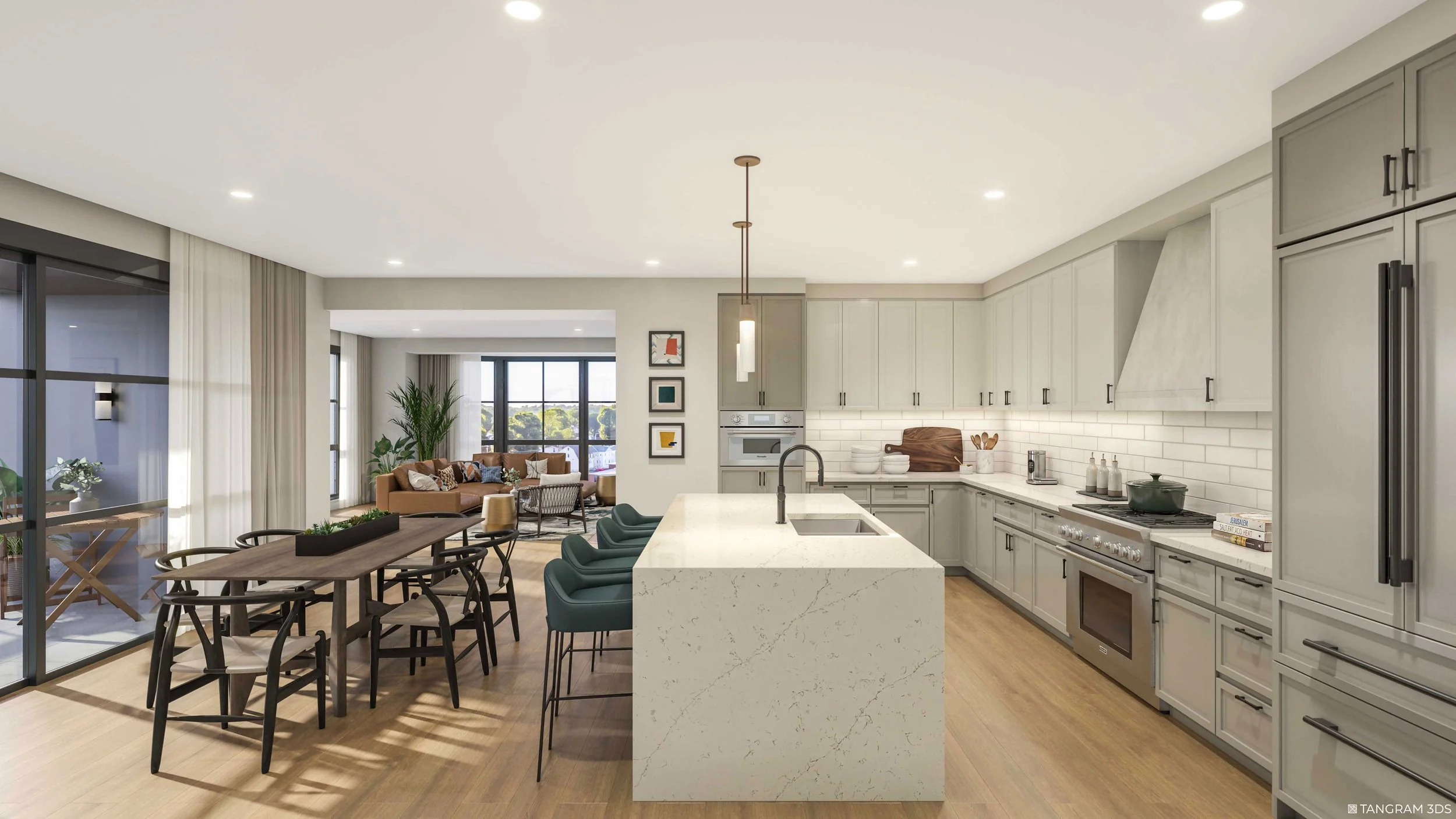 Open-concept kitchen and living room with dining area, beige cabinets, white countertops, stainless steel appliances, and a large window with a view of trees.