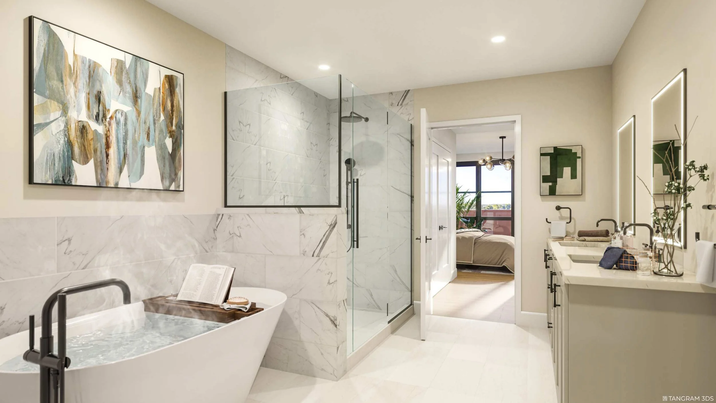 Modern bathroom with a freestanding bathtub, marble walls, glass shower enclosure, and a vanity with two illuminated mirrors. Artwork hangs above the bathtub, and a view into a bedroom is visible through an open door.