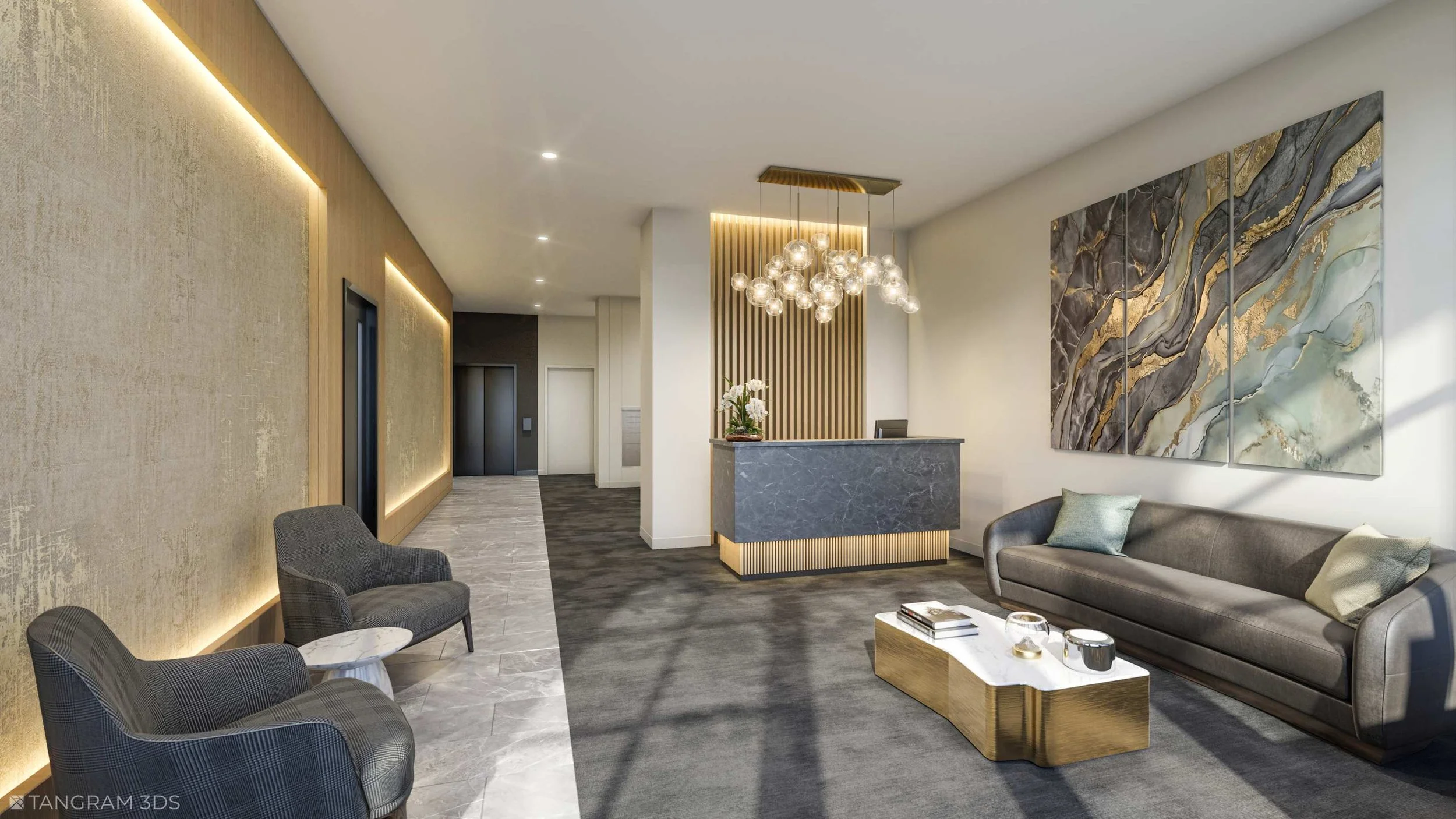 Modern hotel lobby with a reception desk, gray sofa, patterned armchairs, abstract wall art, and a chandelier.