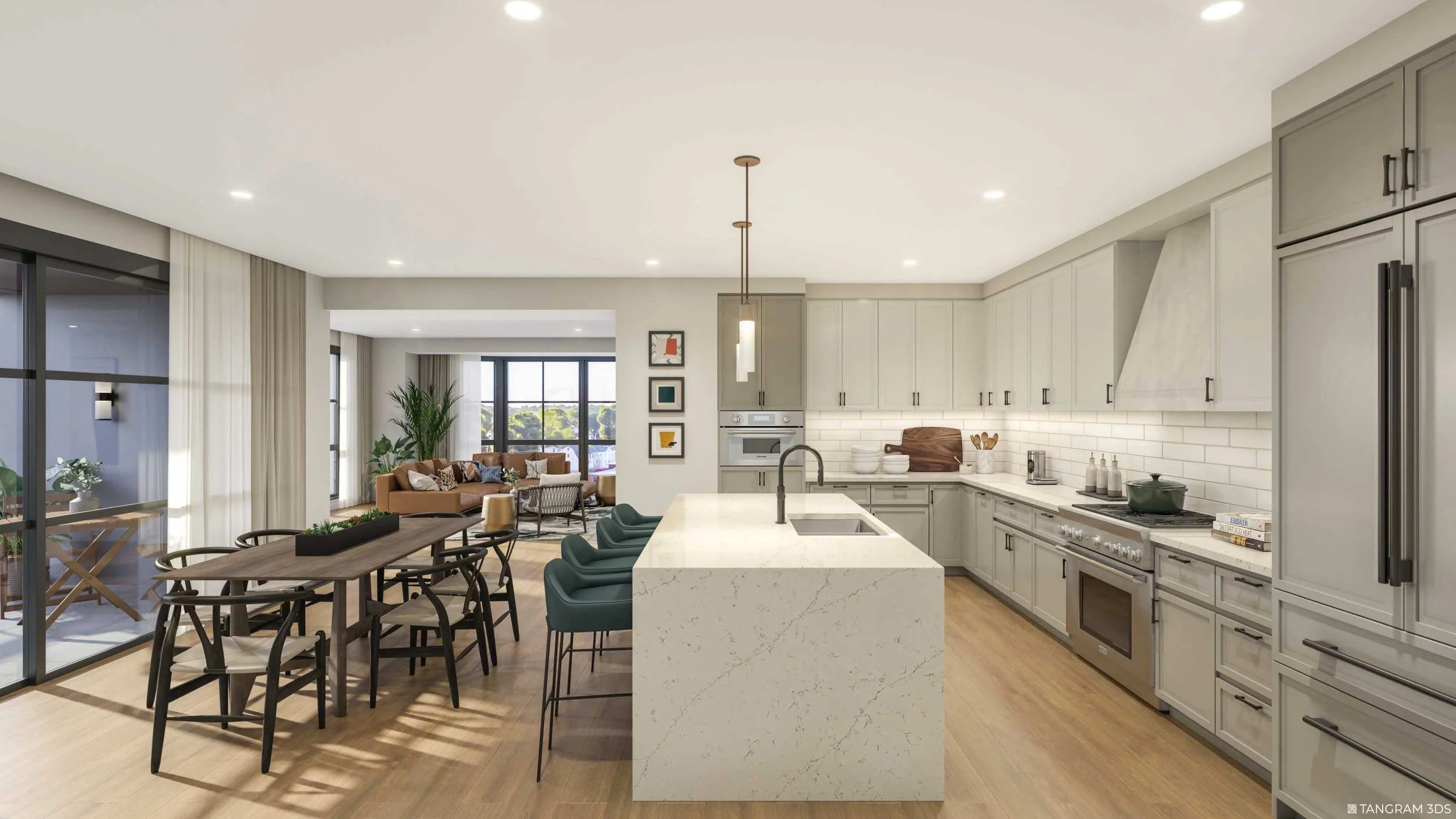 Open-concept modern kitchen and living room with gray cabinets, white countertops, and a dining area with black chairs, adjacent to a living area with a brown sofa and large windows with curtains.