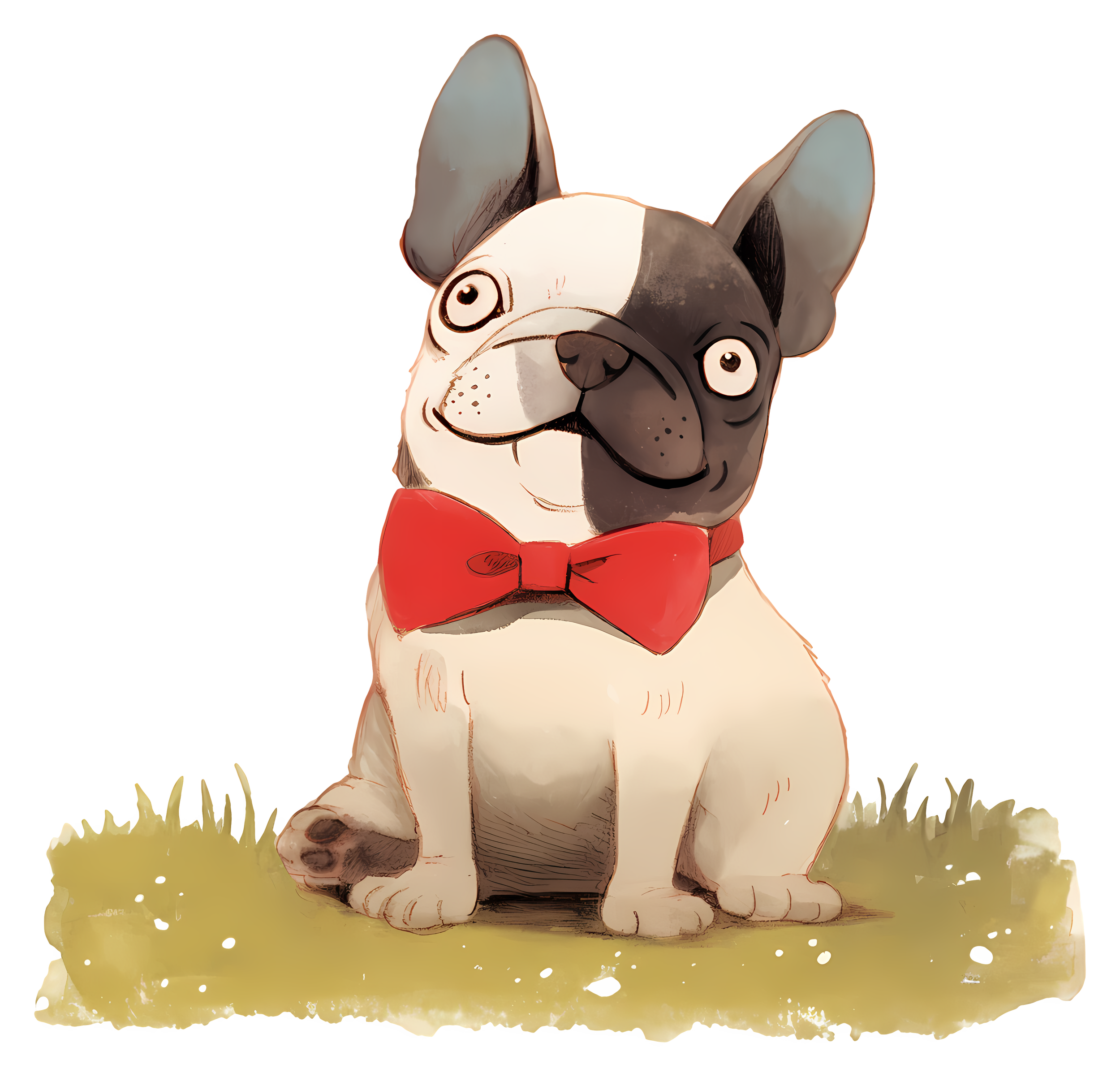 Cartoon dog wearing a red bowtie sitting on the grass.