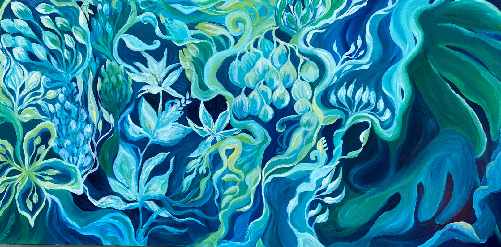 A vibrant painting of underwater plants and coral in various shades of blue, green, and white.