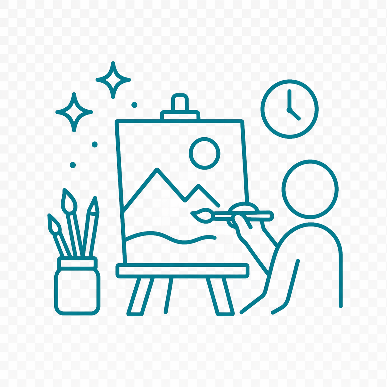 Outline of a person painting a mountain landscape on a canvas, with a clock on the wall and a jar of paint brushes nearby.