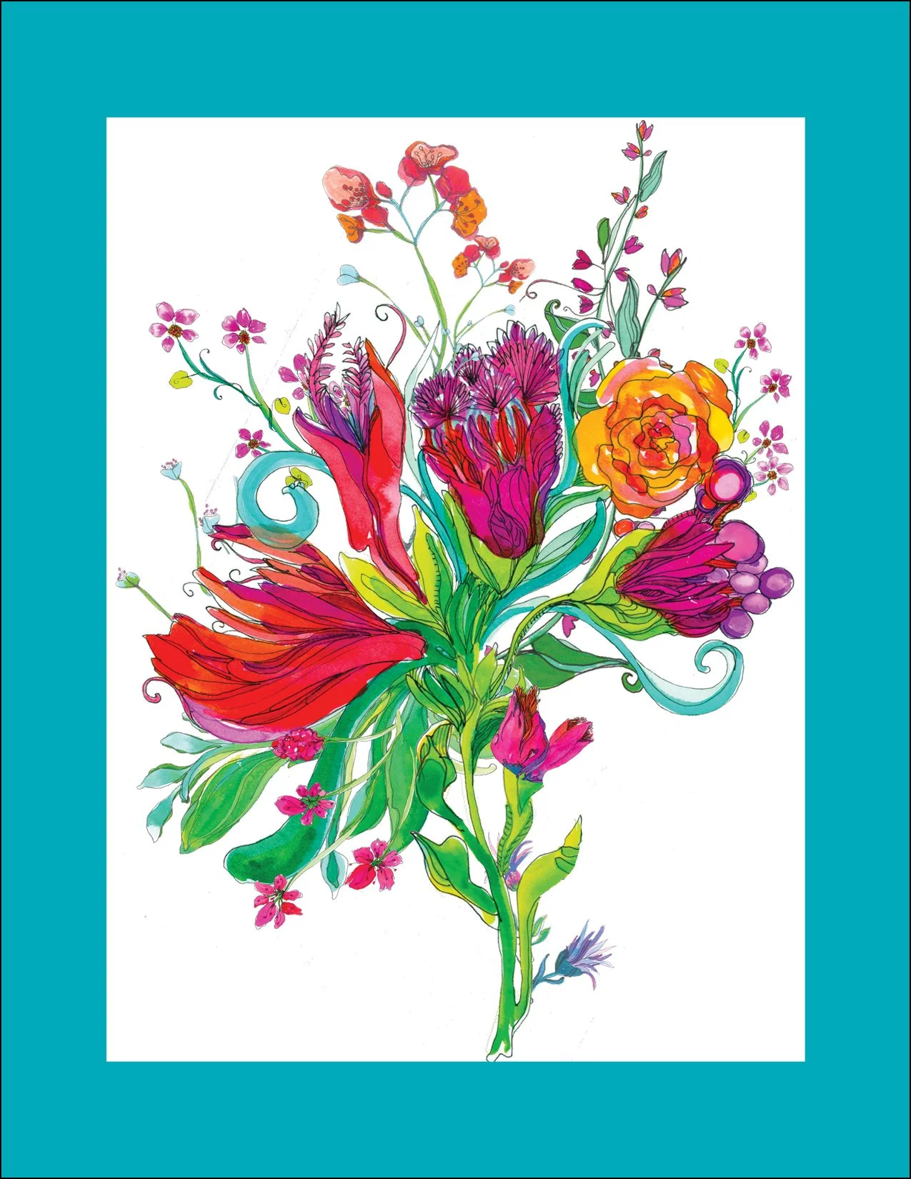 A colorful, abstract floral illustration with various flowers, leaves, and swirling patterns on a white background, framed by a teal border.