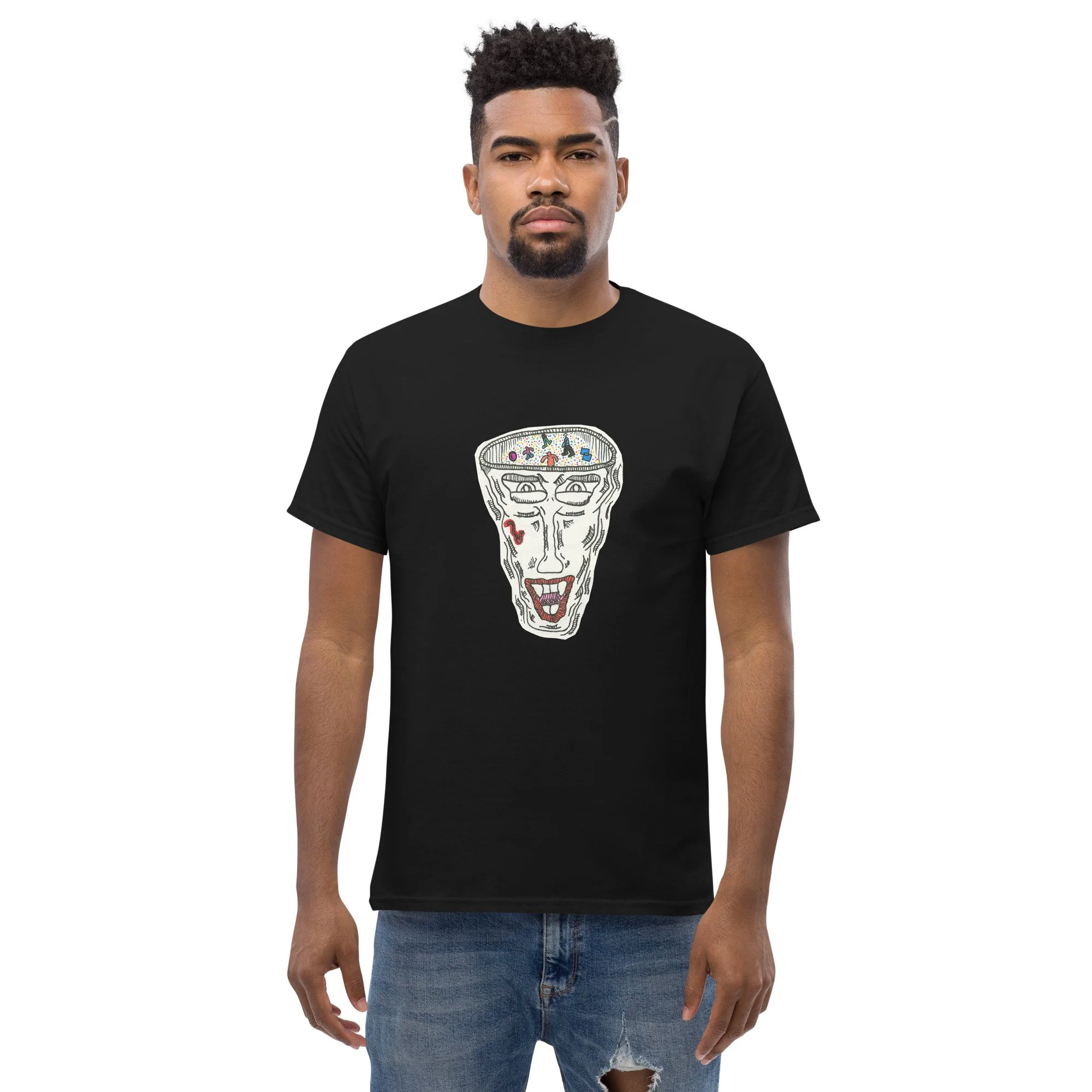 Black unisex t-shirt printed with an ink and marker drawing of a shouting face with the top of the skull open, filled with confetti and small dancing figures