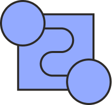 Illustration of a puzzle piece with two circles attached, one at the top left and one at the bottom right.