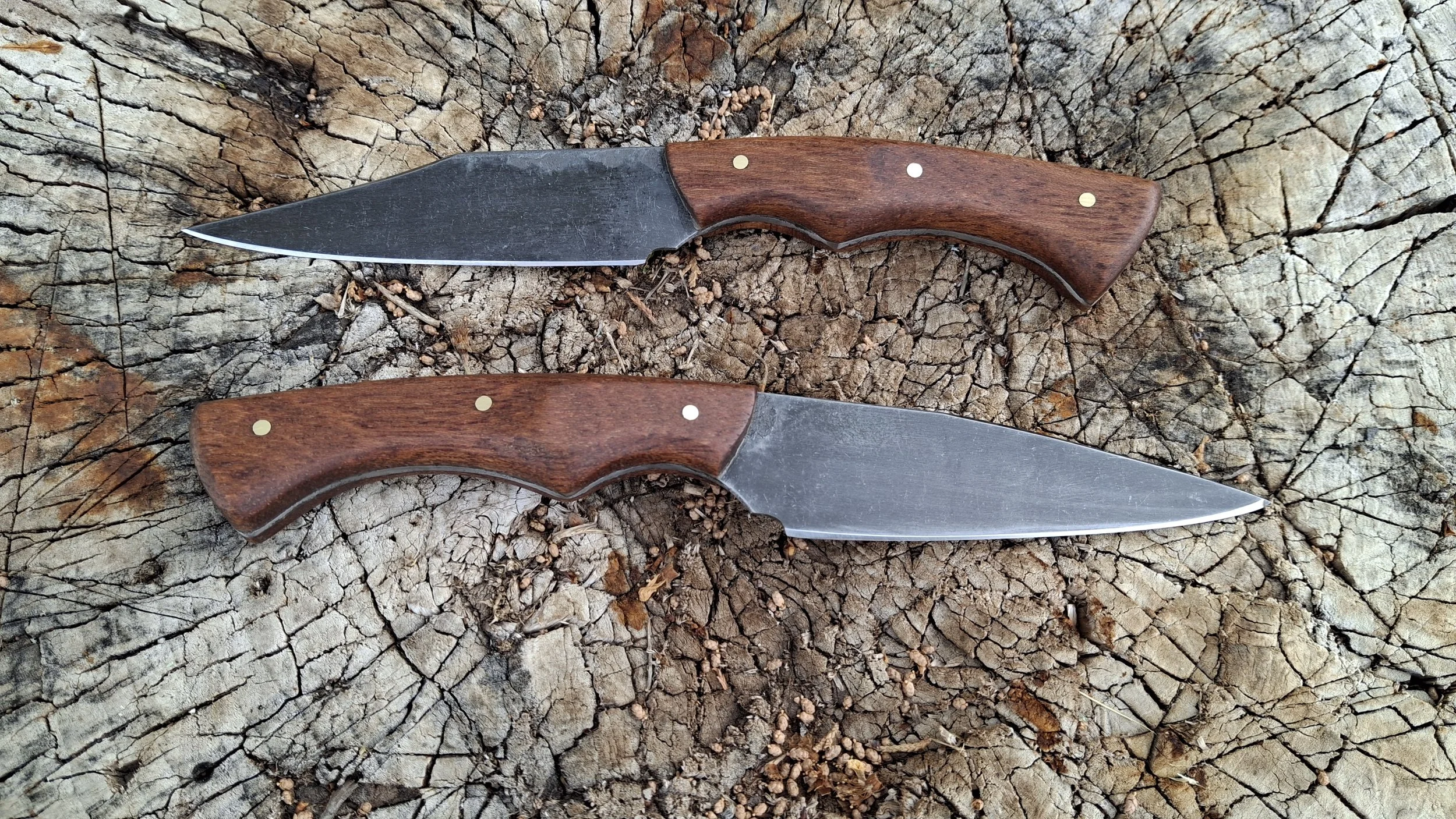 Two knives with wooden handles and metal blades resting on a cracked tree trunk surface.