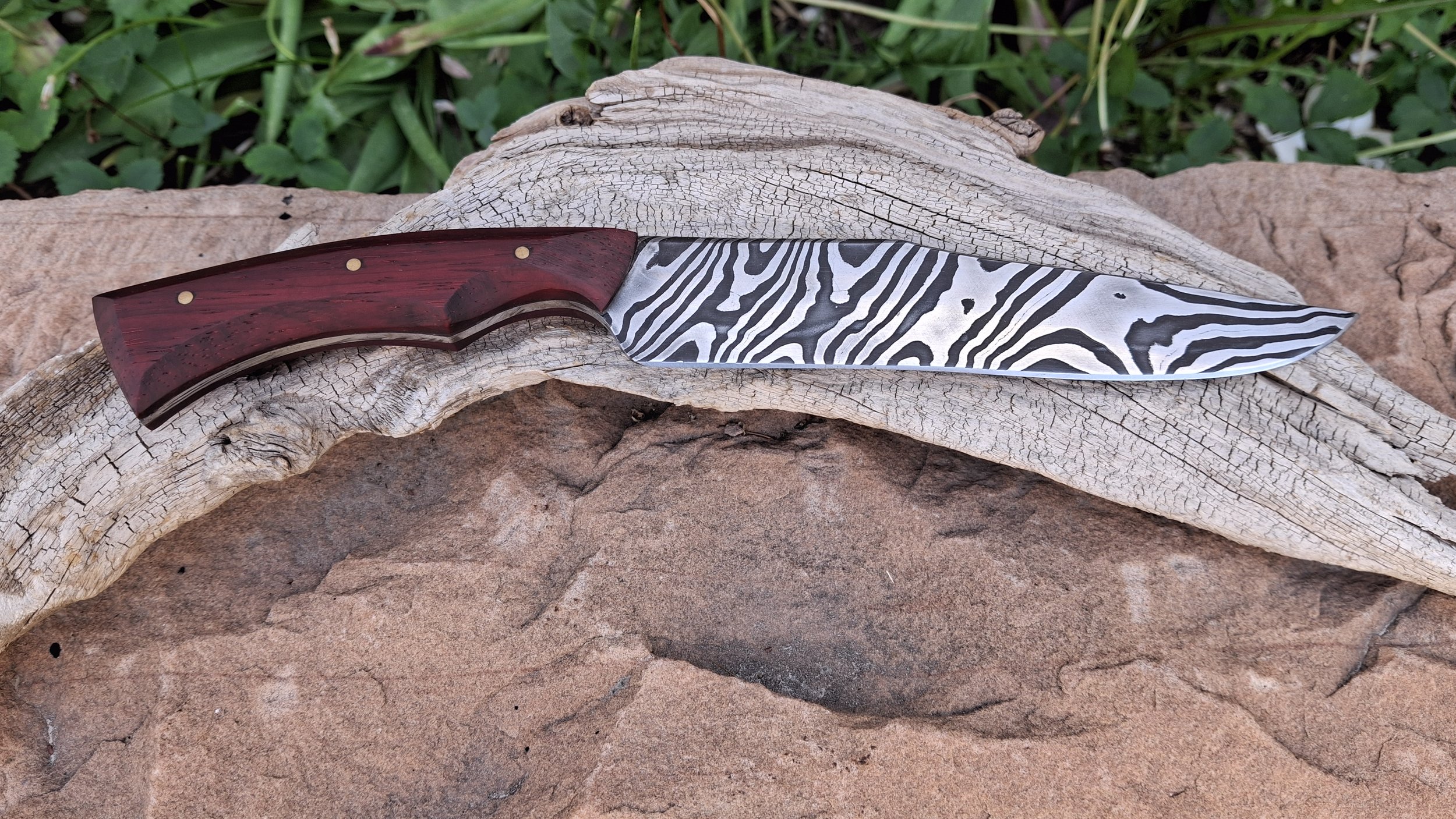 A decorative knife with a red wooden handle and a black and silver patterned blade resting on a piece of driftwood with greenery in the background.