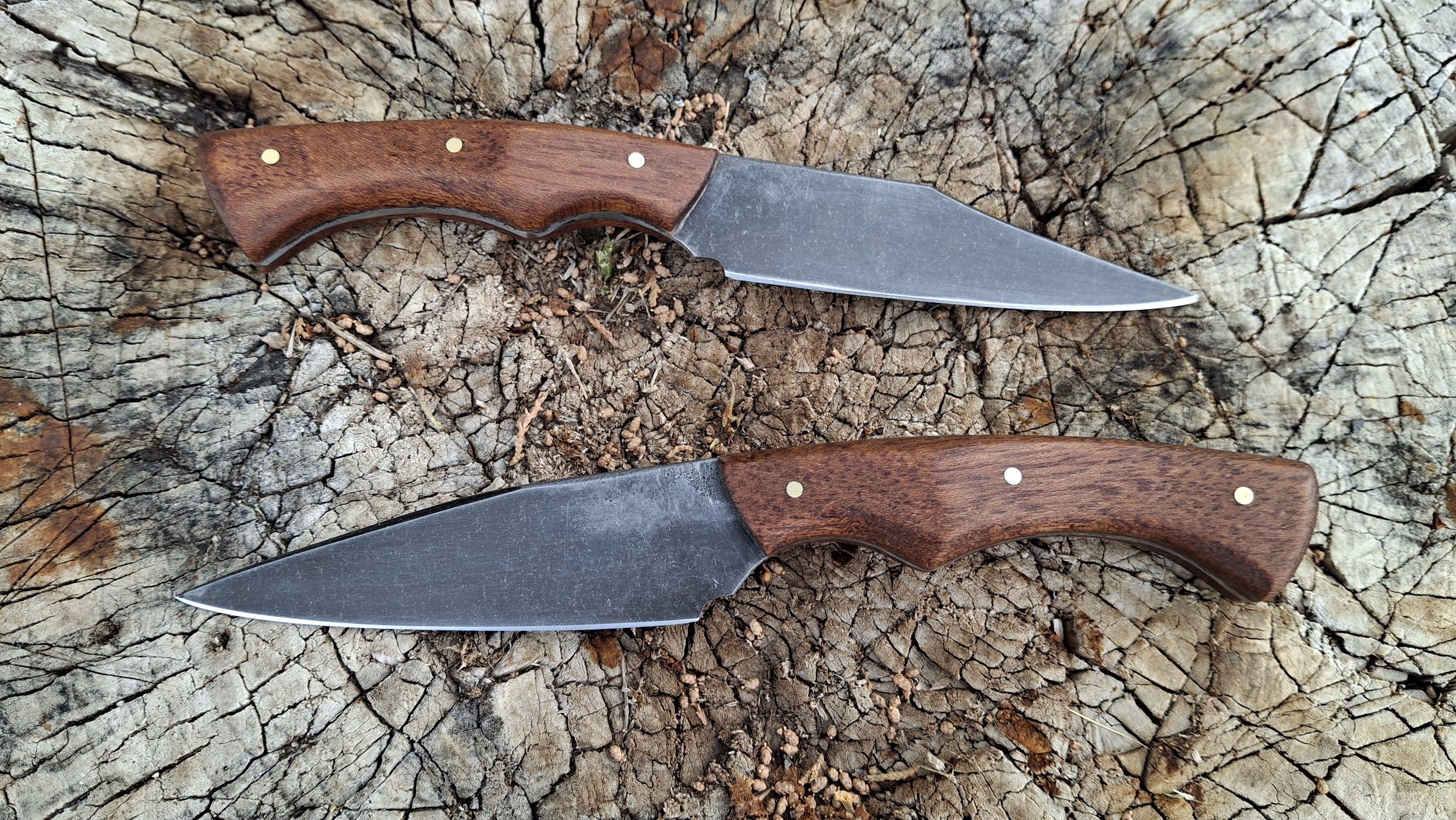 Two knives with wooden handles resting on a cracked tree trunk.
