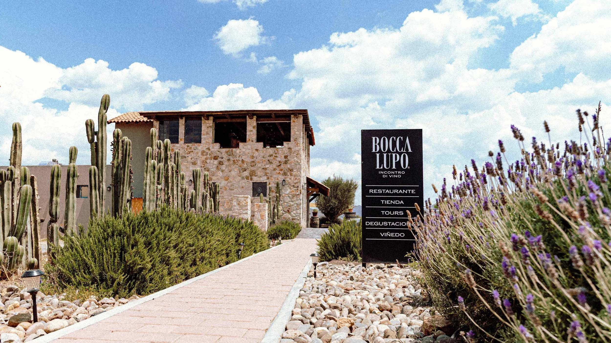 Camino de piedra con vegetación y cactus a los lados, edificio de piedra con ventanas y cartel que dice "Bocca Lupo" con lista de actividades como restaurante, tienda, tours, degustaciones y viñedo.
