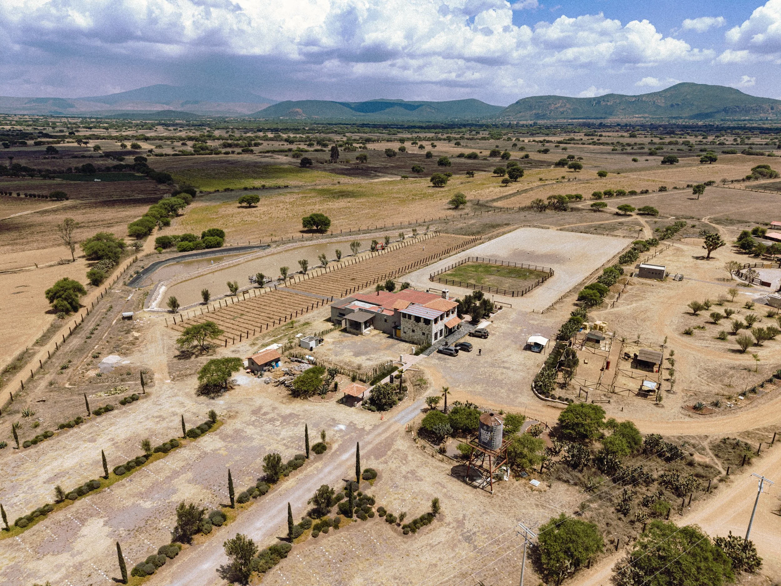 Vista aérea de un terreno de cultivo con árboles dispersos, algunas áreas cercadas y un amplio espacio abierto con un par de construcciones, con montañas a lo lejos bajo un cielo nublado.
