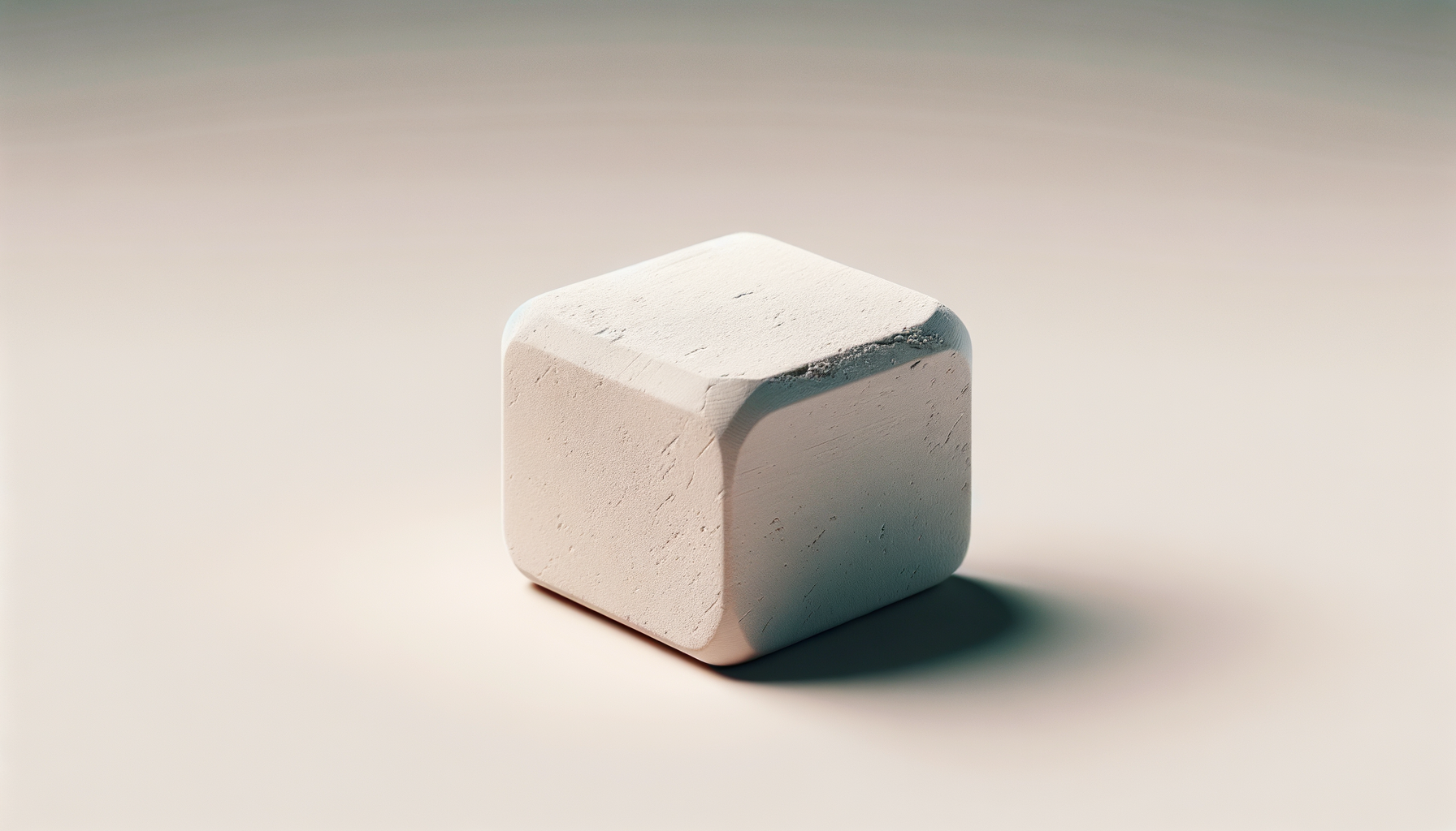 A white cube with rounded edges on a light surface, casting a shadow on its right side.