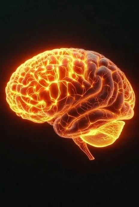 A glowing digital illustration of a human brain in bright orange and yellow tones against a black background.