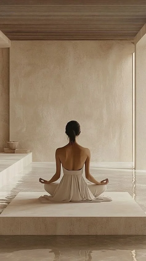 Woman sitting in a cross-legged meditation pose in a minimalist, peaceful room with neutral tones and natural lighting.