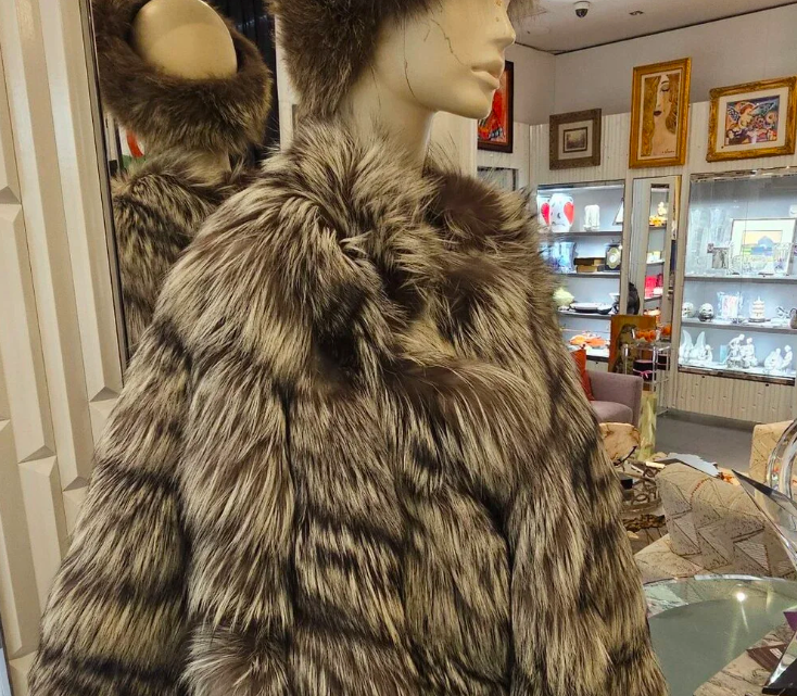 Custom-Made Real Silver Fox Fur Coat and Matching Trapper Hat Set