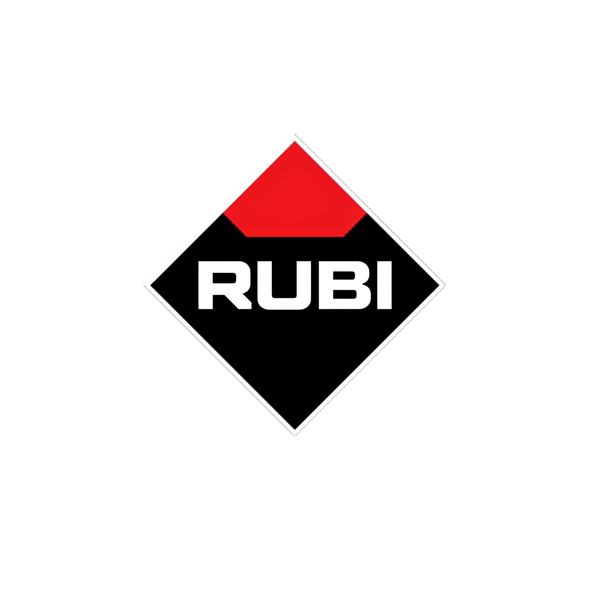 The logo features a white diamond shape with a red triangle at the top, and the word "RUBI" written below in bold white letters.