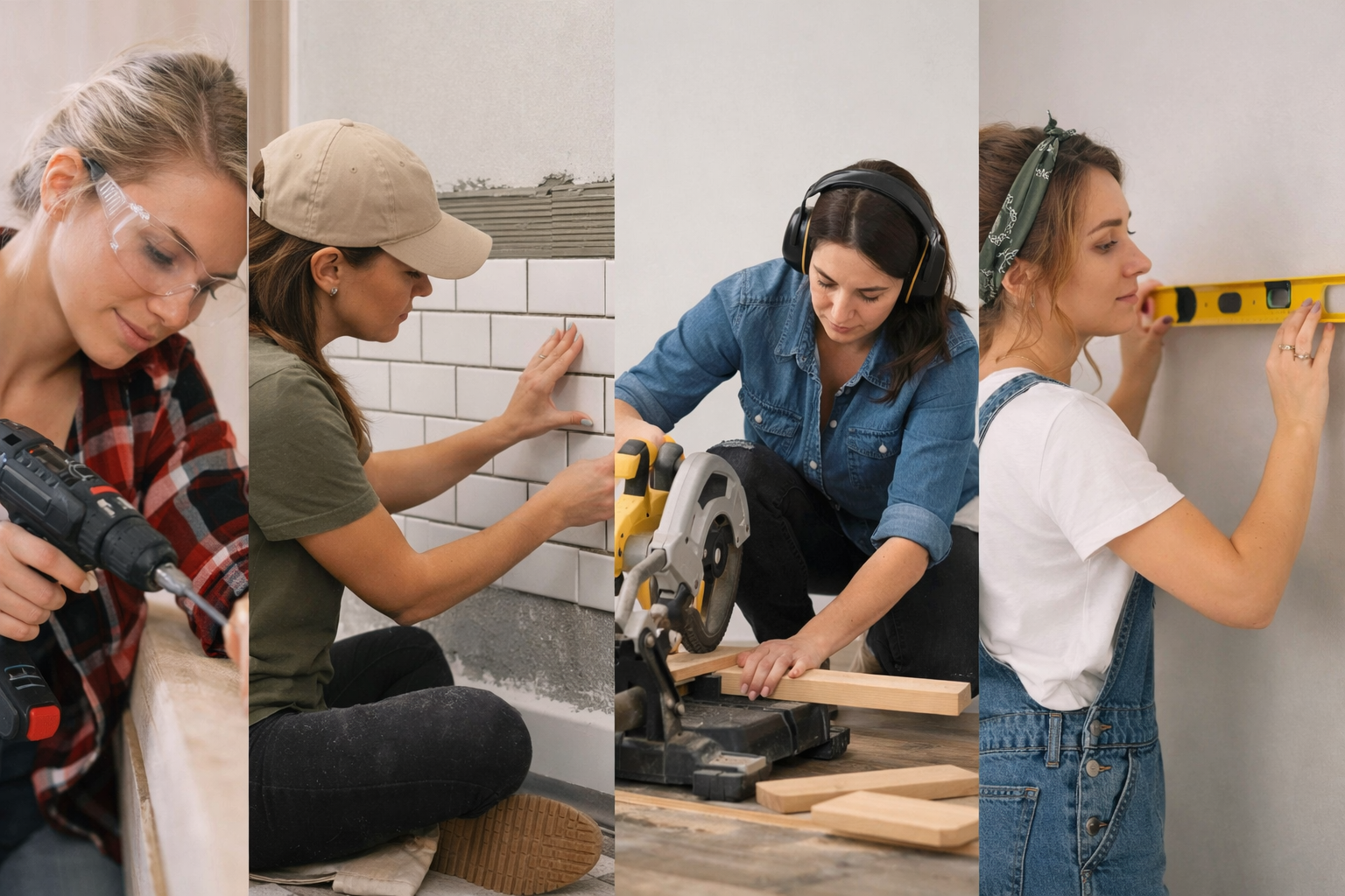 Four women engaged in various DIY and home improvement tasks, including using a drill, tiling a wall, operating a circular saw, and measuring a wall with a level.