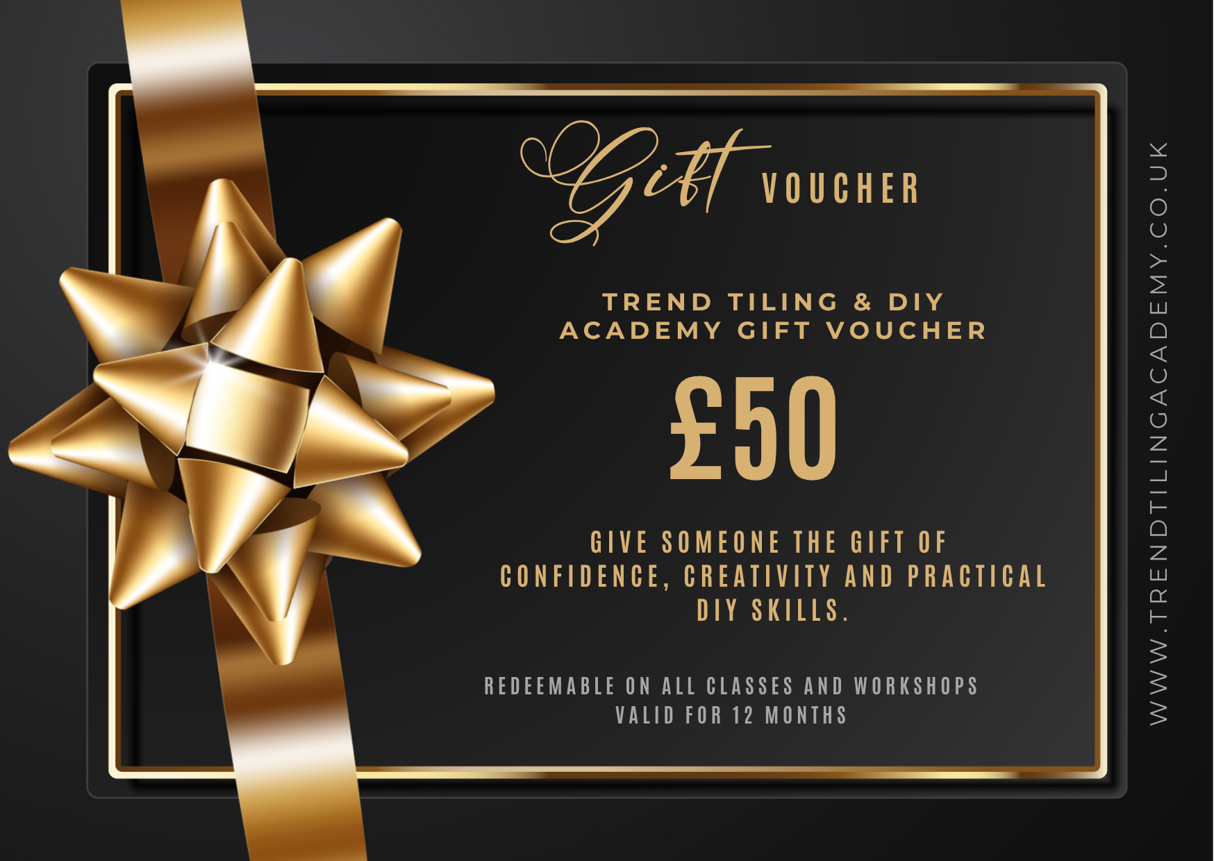 Gift voucher with a gold ribbon bow on a black background, offering a £50 discount for trend tiling and DIY academy classes.