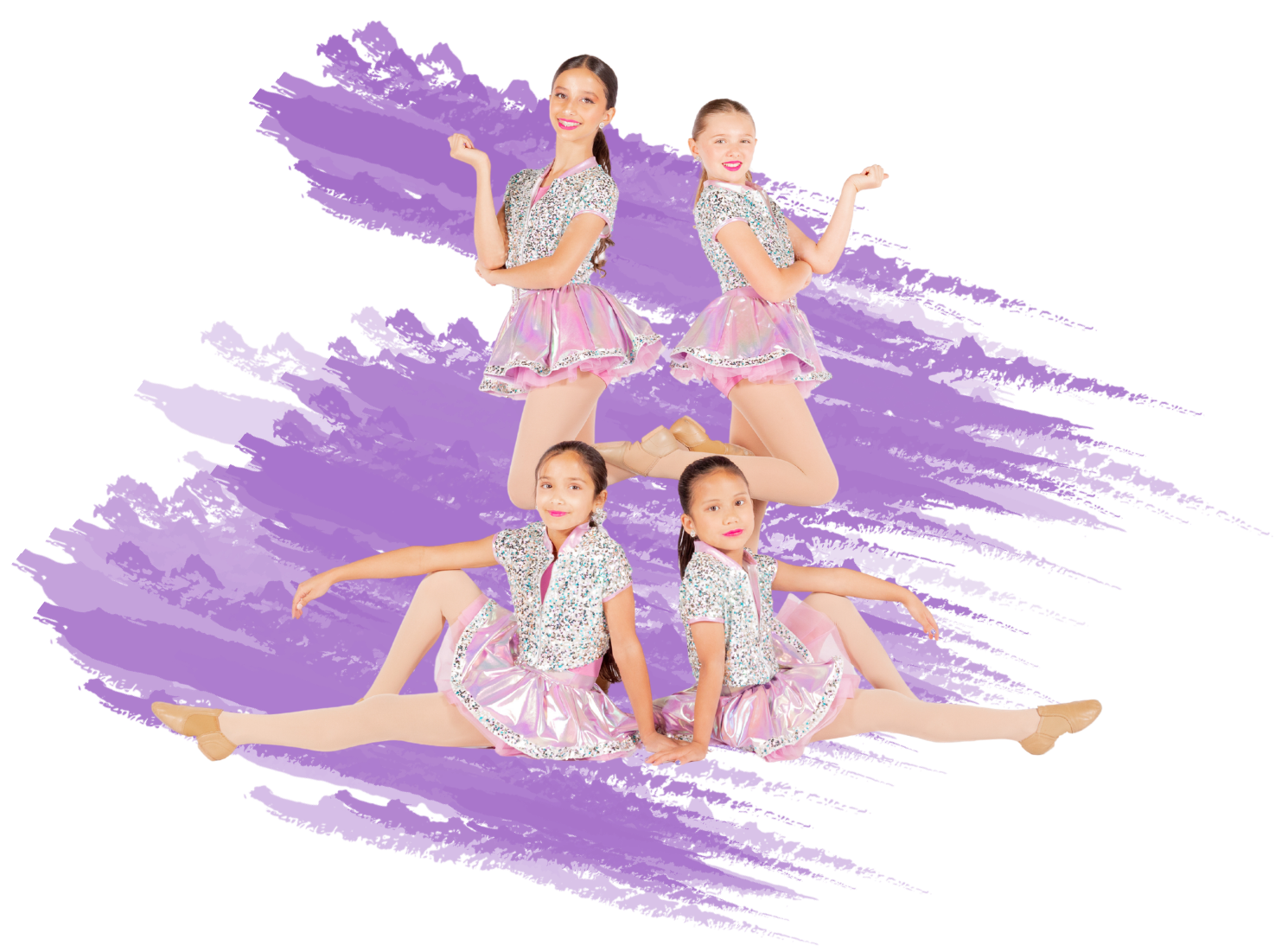 Four young girls in coordinated ballet costumes with pink skirts and sequined tops perform a acro dance pose on a purple background.