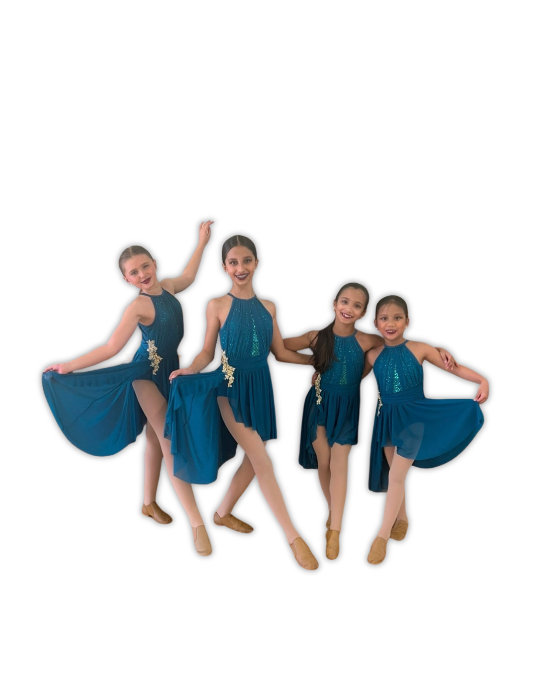 Four north Florida dance studio dancers in teal dance costumes posing against a white background.