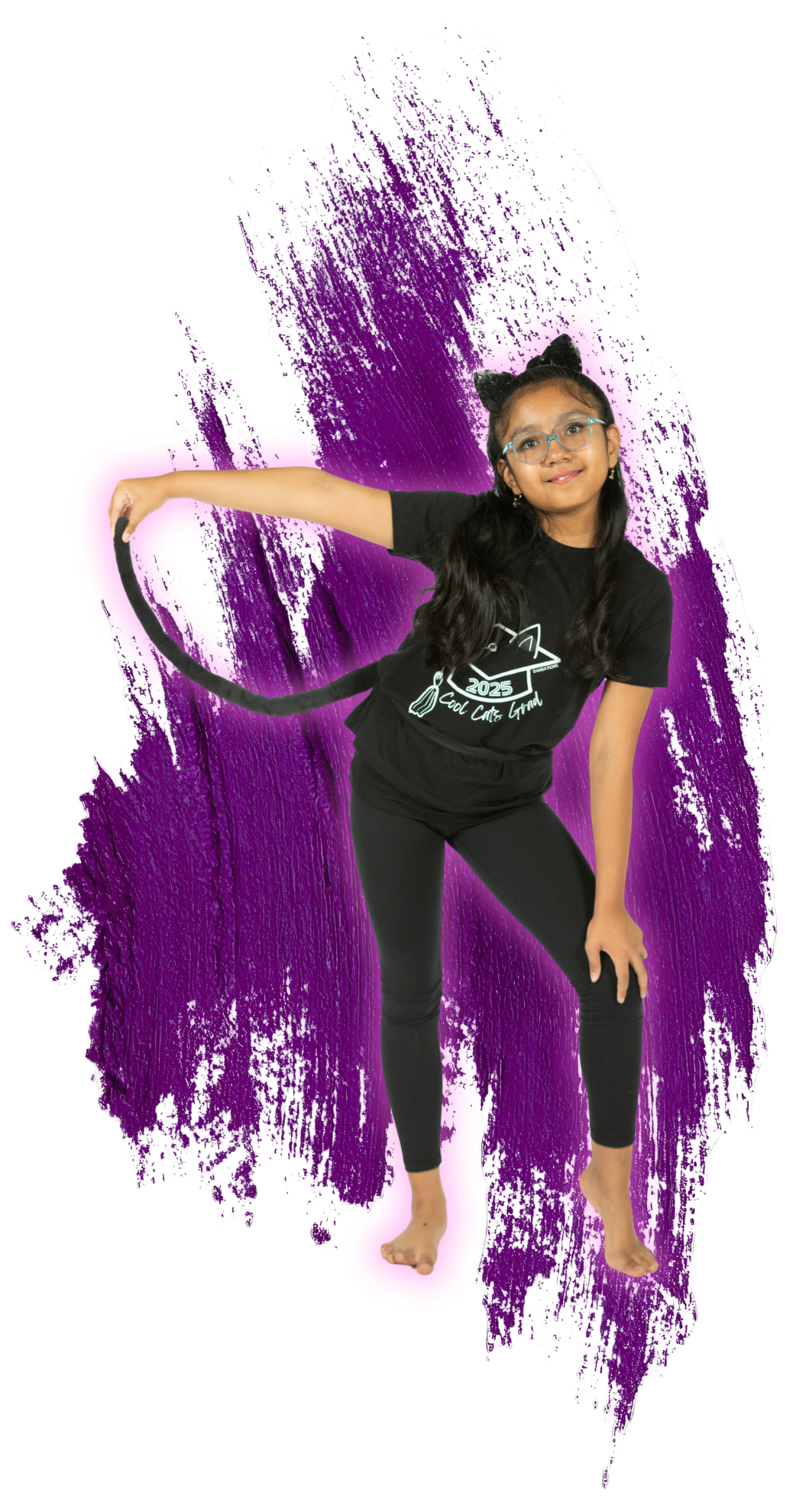 A girl dressed in black with a cat tail and ears poses with one hand on her knee and the other extended outward, standing in front of a purple paint splash background.
