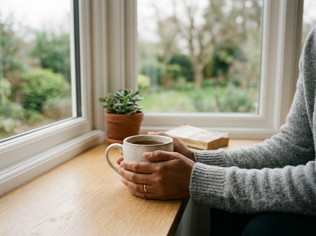 Hands holding a mug of tea by a window.