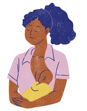 An illustration of a woman holding a newborn baby wrapped in a yellow blanket.