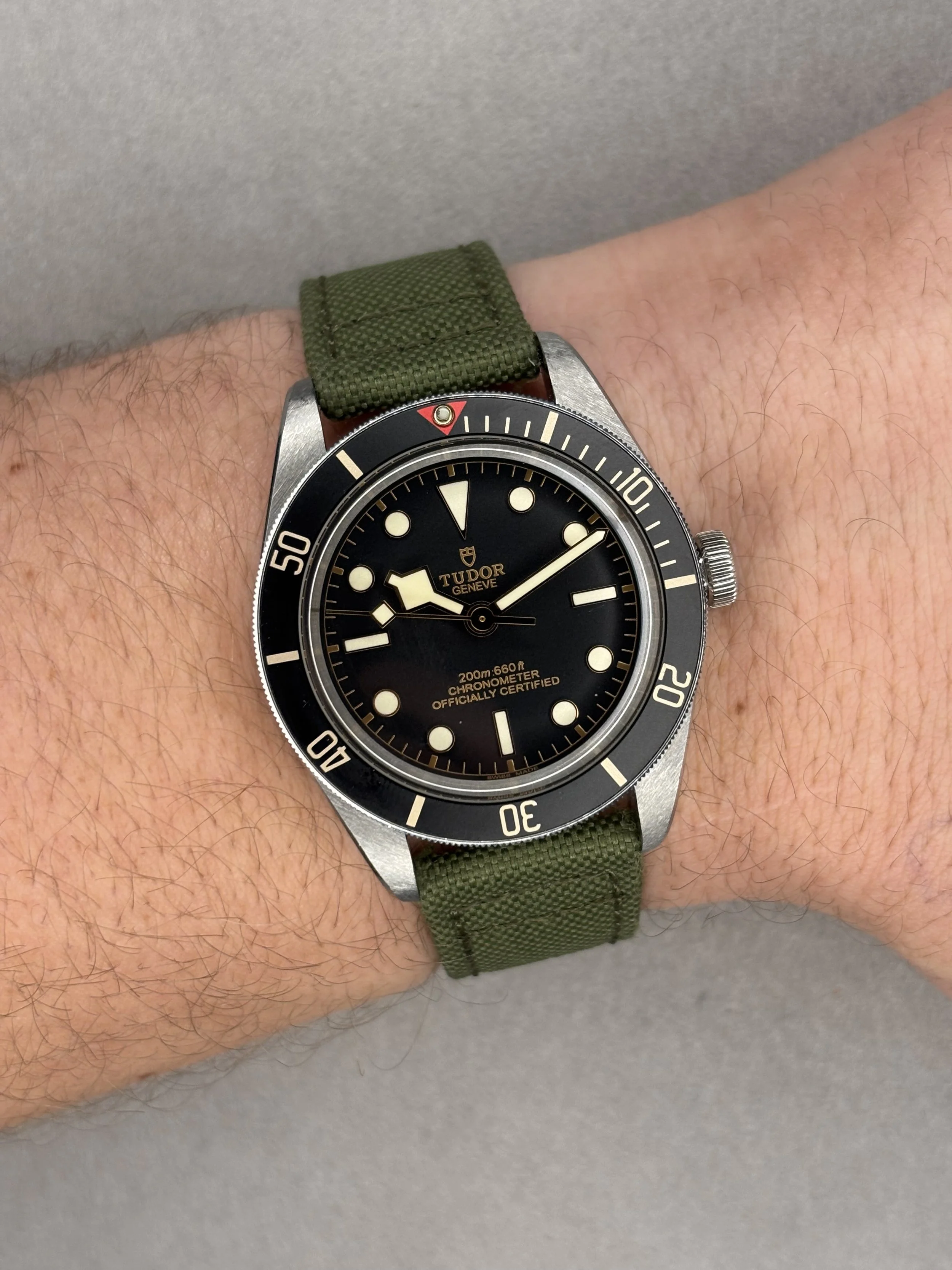 A person's wrist wearing a Tudor dive watch with a black bezel, black dial, and green fabric strap, showing a water resistance of 200 meters or 660 feet.