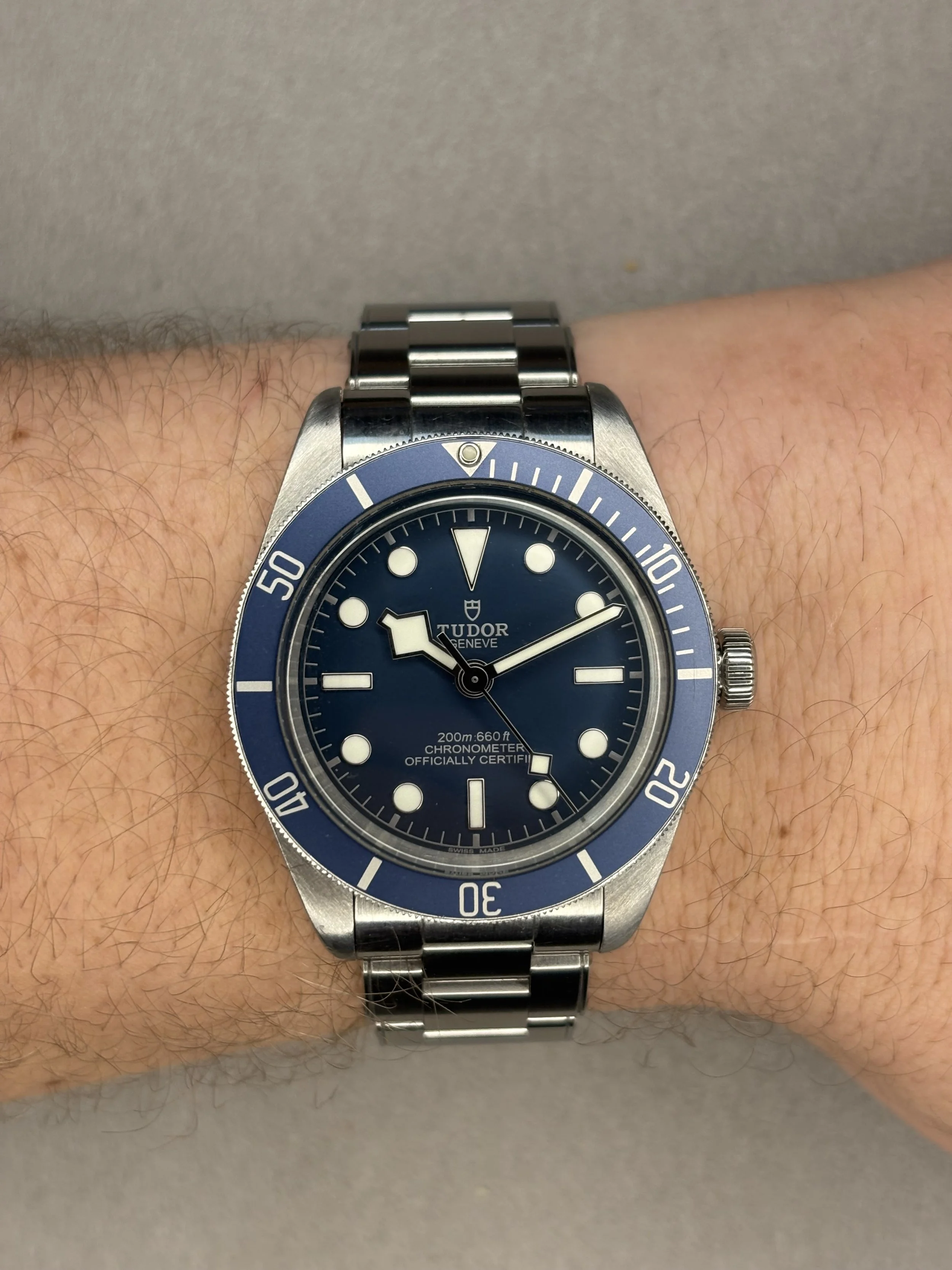 A person's wrist with a Tudor diving watch with a blue bezel and dial, stainless steel case, and bracelet.