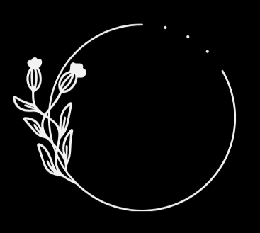 White circle outline on a black background, a group of thistles on the left side, three dots fill a broken space on the top right.