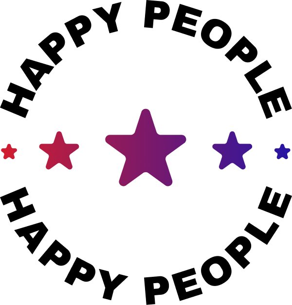 A testimonial badge with star and the message "happy people"