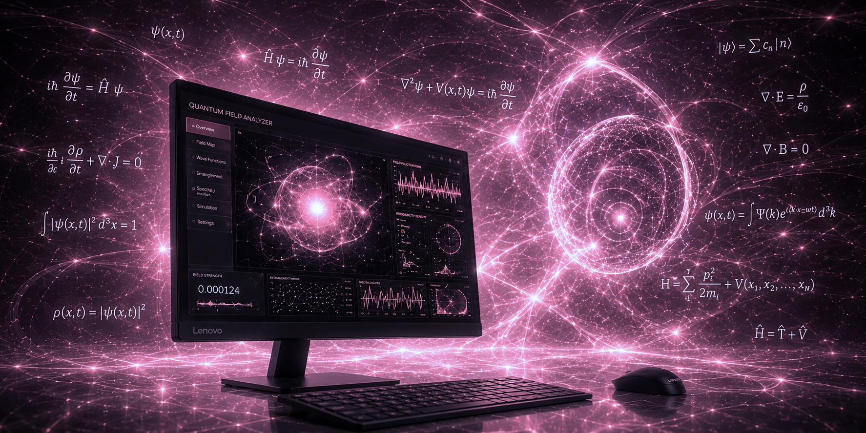 A computer monitor, keyboard, and mouse on a desk displaying a quantum field analyzer software interface. The background features glowing pink and purple neural network illustrations and overlaid scientific equations related to quantum mechanics and physics.