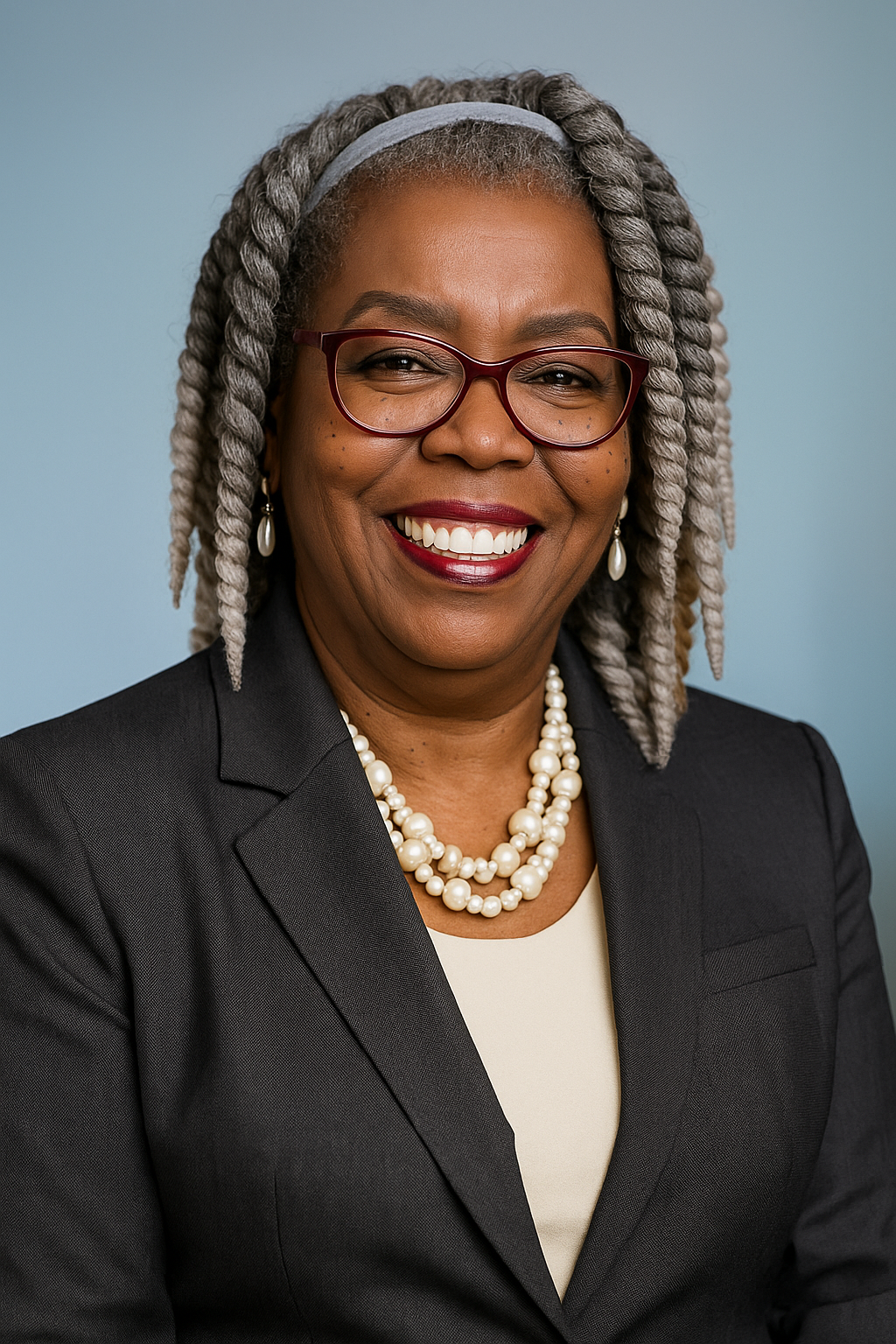 Smiling African American woman with gray dreadlocks wearing glasses, pearl earrings, pearl necklace, black blazer, and a cream-colored top against a light blue background.