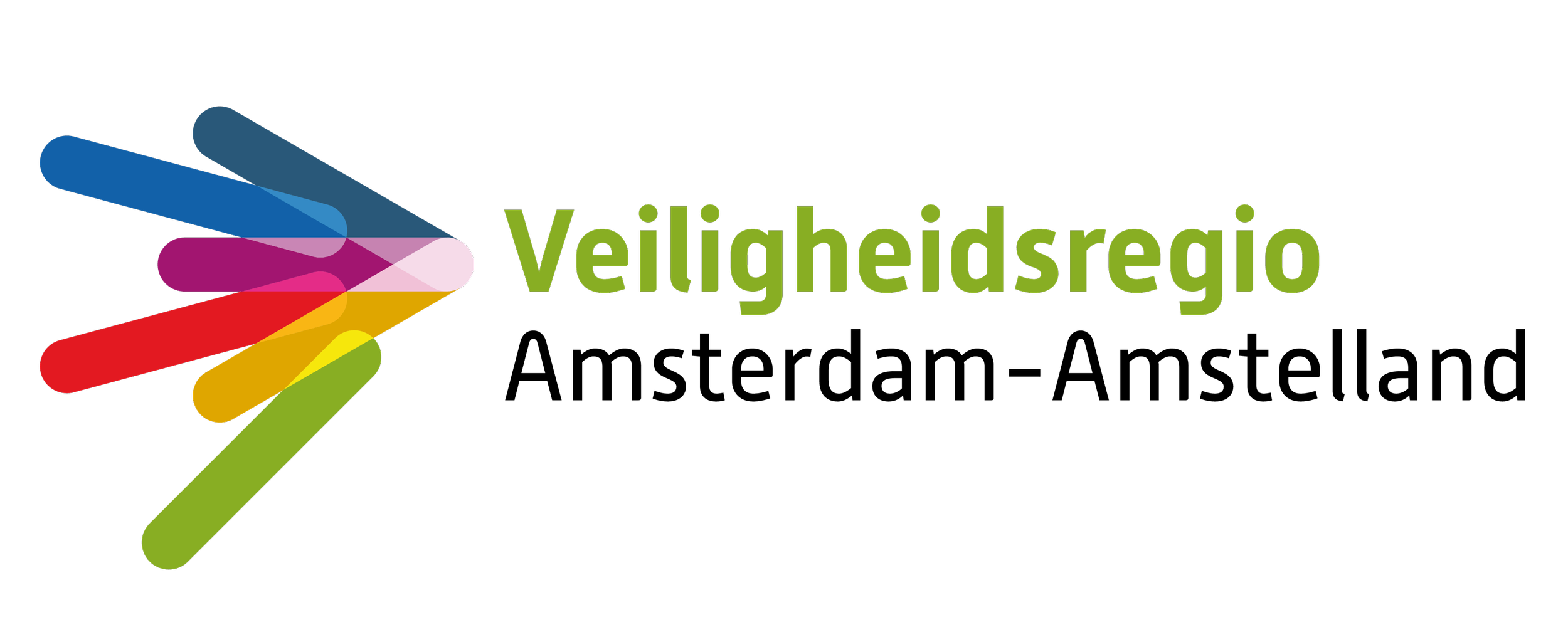 Logo van het Veiligheidsregio Amsterdam-Amstelland met diverse gekleurde pijl-achtige vormen en groene tekst 'Veiligheidsregio'