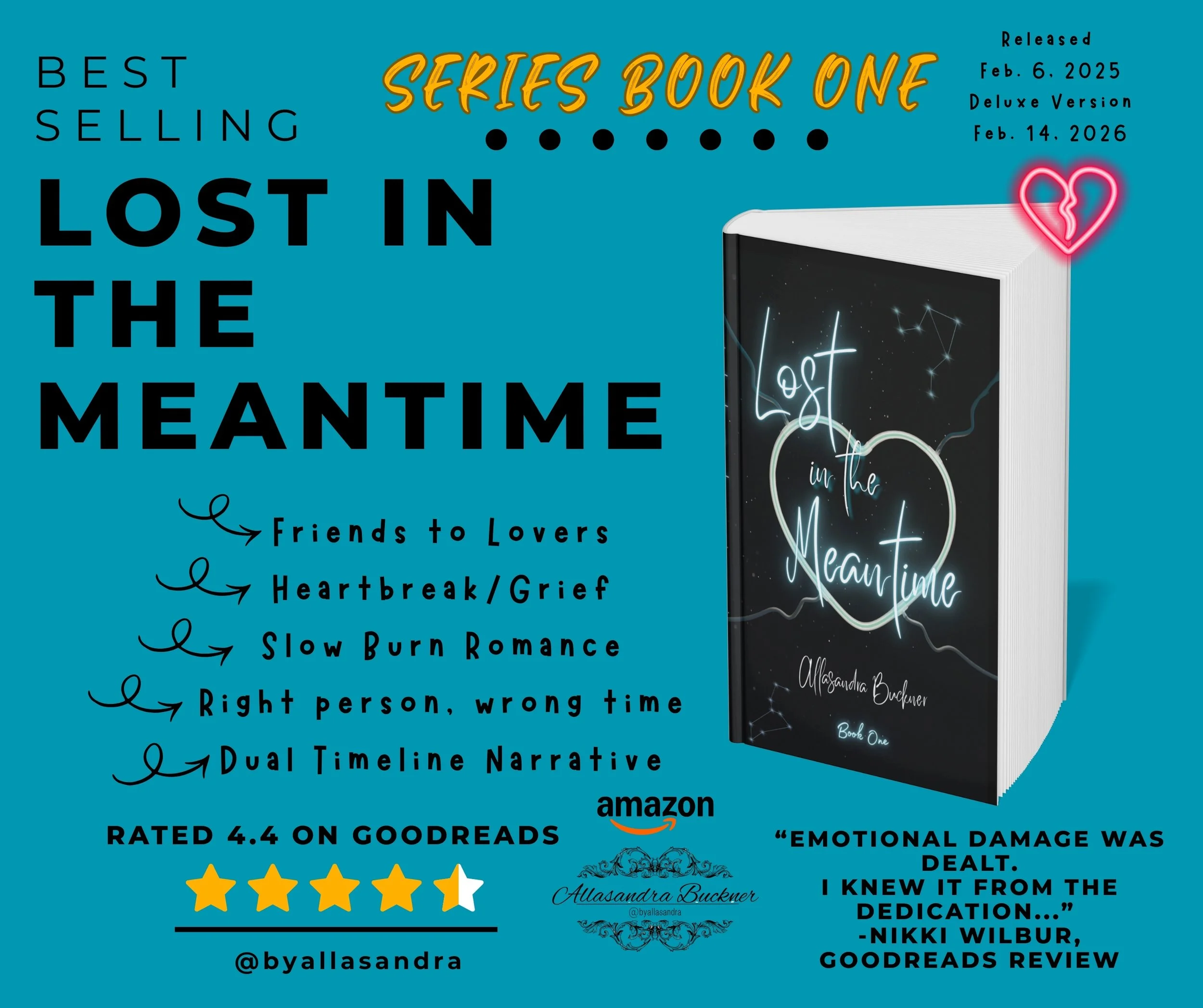 Book cover titled "Lost in the MeanTime" by Alasdandra Buckner, featured in a promotional graphic. The cover shows a starry sky with a neon outline of a heart. The graphic includes release dates, a 4.4 star rating on Goodreads, and promotional text about the book's themes and genre.
