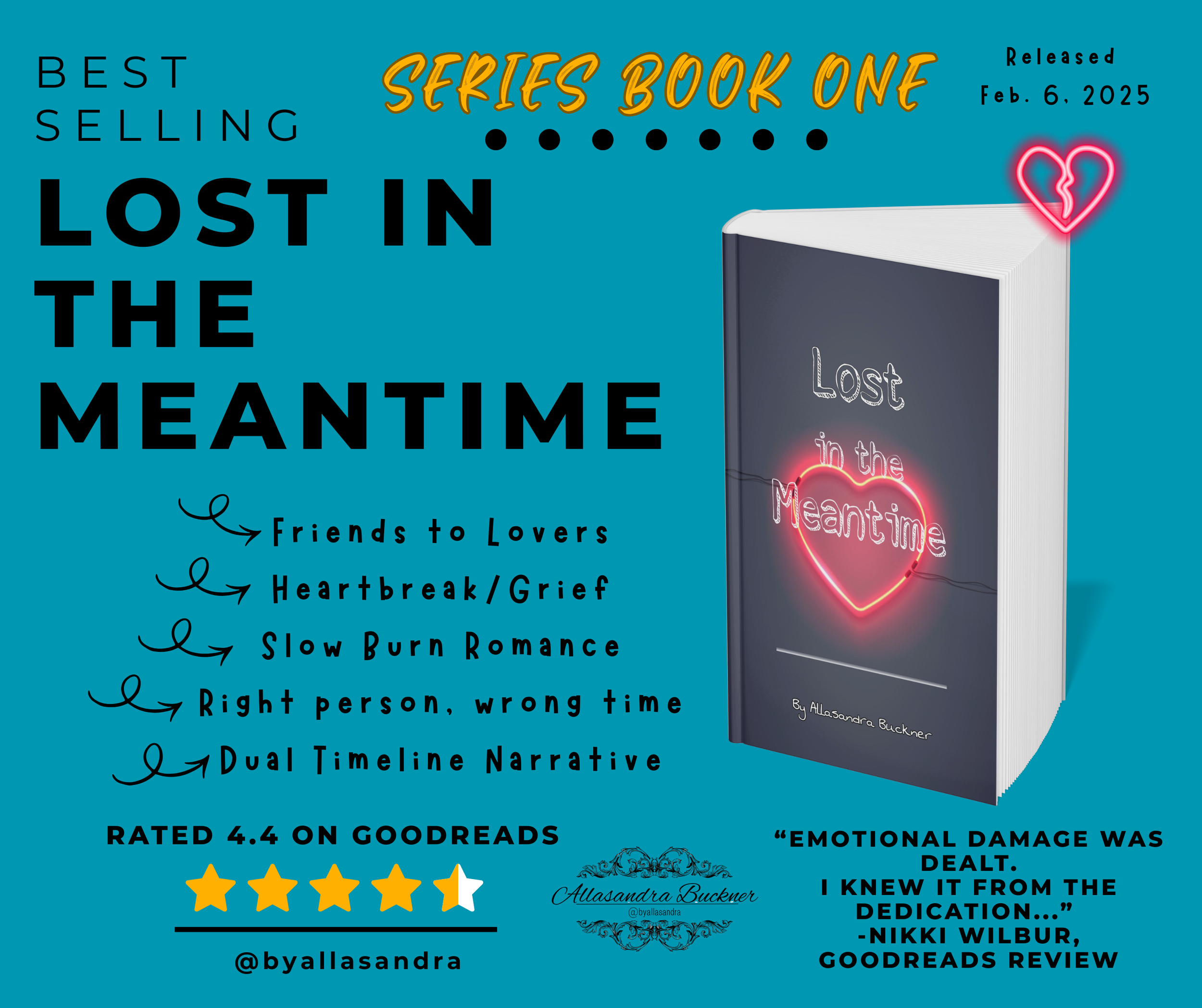 Book cover for "Lost in the Meantime" by Allasandra Buckner, featuring a neon-style heart with a crack and the title inside it, on a blue background with promotional text and reviewer quote.