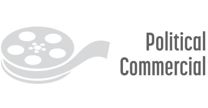 A logo featuring a film reel with the words "Political Commercial voiceover demo" beside it.