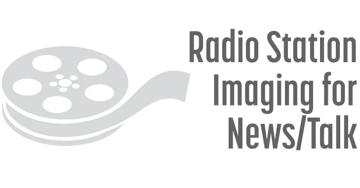 Logo with a film reel icon and text that reads 'Radio Station Imaging for News/Talk voiceover demo' in gray color.