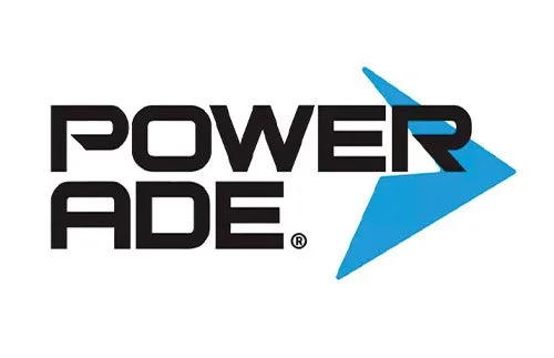 Powerade logo with black text 'POWER ADE' and a blue arrow behind the text.
