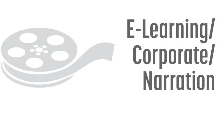 Graphic of a film reel with the text 'E-Learning/Corporate/Narration voiceover demo' to the right.